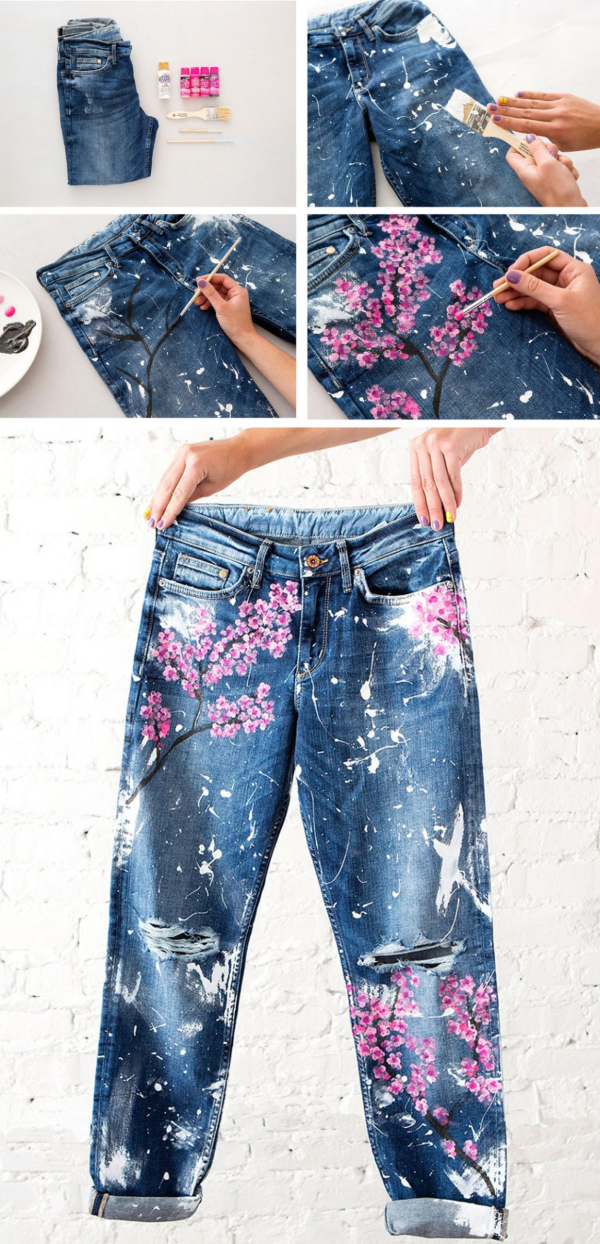 Vẽ họa tiết hoa đào trên quần jeans cũ